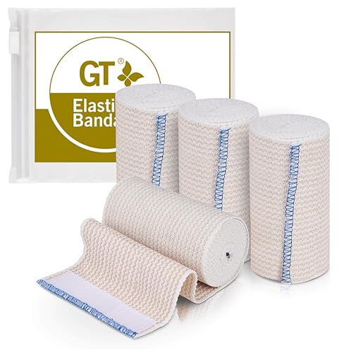 Premium Elastic Bandage Wrap (4" 4 Pack) - Hook & Loop Fasteners at Both Ends - Latex Free Hypoallergenic Compression Roll - Reusable Bandages for Waist, Legs, Elbow & Knee Wrap - size: 4 Pack