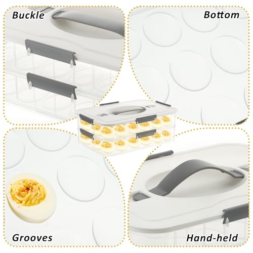 FMOACEN 2-Layer Deviled Egg Containers with Lid, 36 Slots Deviled Egg Tray Carrier with Lid Clear Eggs Storage Box Portable Egg Holder Platter with Handle for Easter Party Home Kitchen Supplies