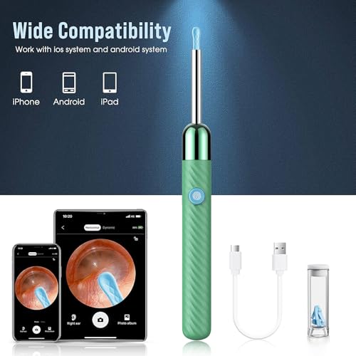 LEIPUT Ear Wax Removal - Earwax Remover Tool with 8 Pcs Ear Set - Ear Canal Cleaner with 1080P Camera - Ear Cleaning Kit with 6 Ear Spoon - Ear Camera for iOS & Android (Green) - color: Green
