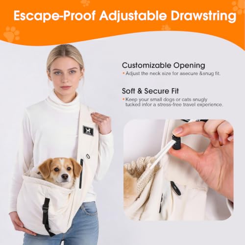 Dog Sling Carrier for Small Dogs & Cats 5-20 lbs, Adjustable Depth | Breathable Air Mesh Puppy Sling, Water-Resistant Travel Bag, Double Safety Leash, Machine Washable, Hands-Free Pouch, Apricot - color: Apricot