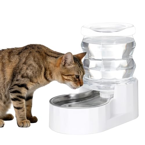 RIZZARI 4L Gravity Cat Water Dispenser: Filter-Free Compact Home Use | No Power Needed/Stainless Steel Bowl/Spill-Resistant Base/Perfect For Cats & Small Dogs/Easy Water Refill - color: White, size: 4L, without Filter