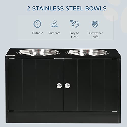 PawHut Large Elevated Dog Bowls with Storage Cabinet 44L Capacity Black | Raised Dog Bowl Stand, Pet Feeding Station - color: Black