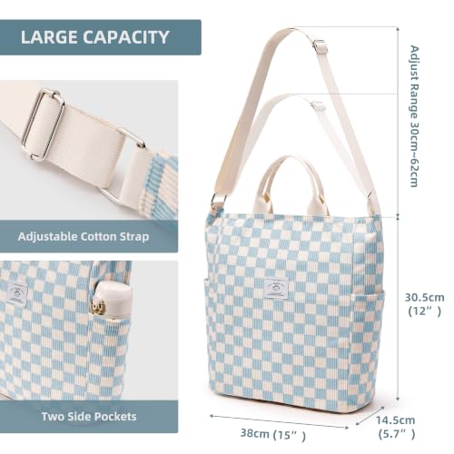 KALIDI Corduroy Tote Bag, Large Slouchy Hobo Messenger Crossbody Bag | Anti Splash Zipper Side Pockets Shoulder Bag Adjustable Strap Lightweight Casual Work Shopping Women - color: Blue Checkered