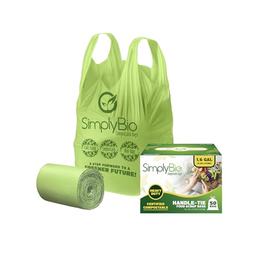 Simply Bio 1.6 Gallon Compostable Trash Bags Liners Handle, Heavy Duty Extra Thick 0.6 Mil, 6.06 Liter, 50 Bags, Small Kitchen Food Scrap Waste Bag, ASTM D6400, US BPI and OK Compost Home Certified - size: 1 Count (Pack of 50), style: Handle (1.6 Gal)