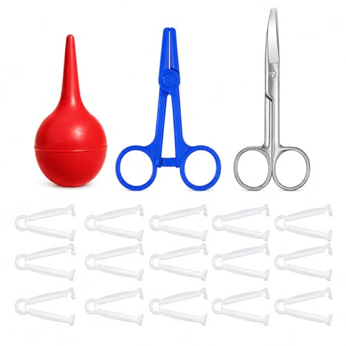 Animal Birth Kit with 15 Umbilical Cord Clamps, Curved Stainless Steel Scissors, Disposable Hemostat & Bulb Syringe, Newborn Delivery Supplies for Puppies, Piglets, Lambs, Calves & Farm Animals