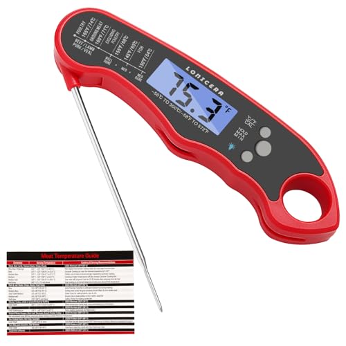 LONICERA Digital Meat Thermometer, Instant Read, Foldable Probe, Red | IP66 waterproof design, backlit display, calibration function, for meat, baking and grilling