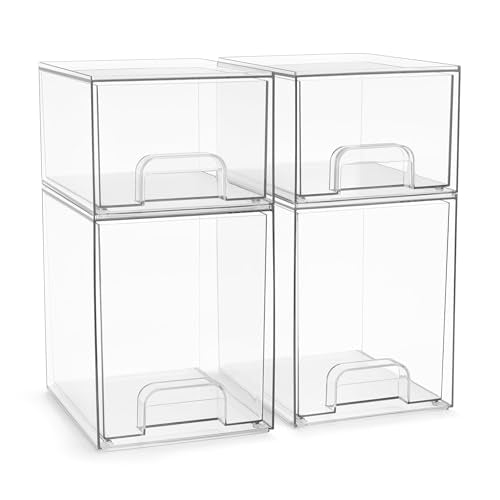 Sorbus Clear Stackable Storage Drawers (4 Pack, 7.6'' and 4.4'' Tall) | Acrylic containers with pull-out bins keep cosmetics, brushes and daily items sorted on bathroom counters or in cabinets. - size: 4 Pack, 7.6’’ and 4.4’’ Tall