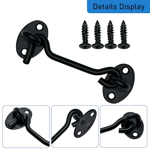 4 Pack 4" Hook and Eye Gate Latch, Stainless Steel Rust-Resistant Barn Door Lock Cabin Hooks for Gate Shutters Window Slide Barn Shed Cabinet Bathroom, with 16pcs Screw,Black - color: Black, size: 4 inch(4pcs)