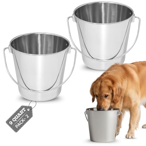 9Qt Round Stainless Steel Heavy Duty Dog Water Bucket, 2-Pack | Food & Water Pail, 2.25 Gallon Capacity, Heavy-Duty, Round Design with Carry Handle, Ideal for Dog, Cats, Goat & farm animals - size: 9 Quart (Pack of 2)