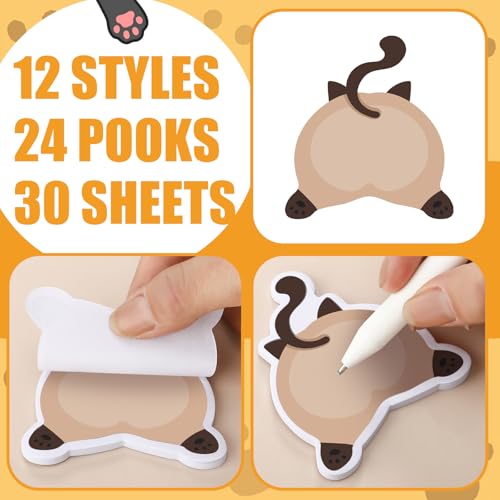 Yinder 24 Pads Cat Sticky Notes Fun Cartoon Memo Self Adhesive | Animal Memo Pad Bulk 12 Designs, For School Office Veterinary, Back to School Party Supplies Gift Tabs - style: Fresh Cat