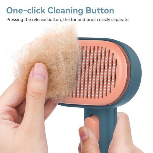 Aumuca Skin Friendly Self-Cleaning Slicker Brush for Dogs & Cats, Gentle Pet Grooming Tool for Shedding & Deshedding, Efficient Hair Remover for Long & Short Haired Pets | Self Cleaning Pet Brush for Long or Semi-Short Haired Cats, Removing Loose Fur & Ta