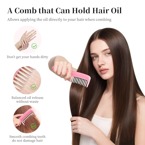 Hair Oil Applicator Comb, Hands-Clean Oiling Brush for Quick Even Application, Wide Teeth Oil Distribution Comb with 5ml Container/Scale Handle for Women/Girls Thin/Straight Hair Daily Care (Pink)