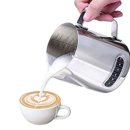 Dailyart Milk Frothing Pitcher 20oz Milk Frother Cup with Thermometer | 304 Stainless Steel 600ml Milk Pitcher with Scale Espresso Machine Accessories for Coffee, Cappuccino, Espresso,Latte Art - size: 20.3 Ounces