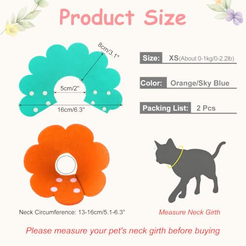Felt Cat Recovery Collar, Cute Flower Cat Recovery Collar Adjustable Recovery Cones (2Pcs, XS 5.1-6.3inch, Orange/Sky Blue) for Small Dogs Kittens Cats - color: Orange/Blue, size: XS（0-1 KG/0-2.2 lb）
