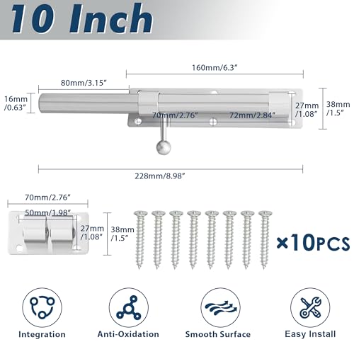 Alise 10 inch Barrel Bolt Latch,Heavy Duty Slide Lock for Barn Door | Brushed Nickel SUS304 Stainless Steel Padlock-Style Slide Bolt Latch,Security Gate Latch for Wooden Fence,Outdoor Door - color: Brushed Nickel, size: 10 Inch