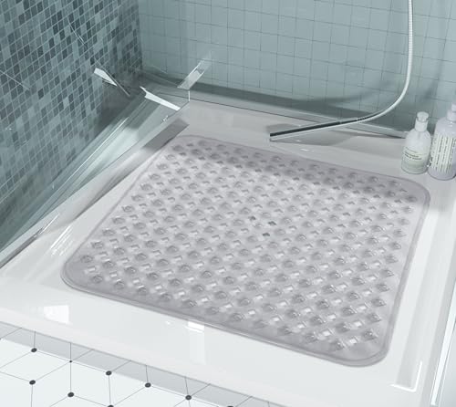 Yimobra Square Shower Mat Non Slip, Super Strong Suction Cups, 21"X21" Bath Tub Mat with Drain Holes, Machine Washable Fast Draining Bath Mats, Bathroom Essentials,Clear Gray - color: Clear Gray, size: 21 X 21 Inch