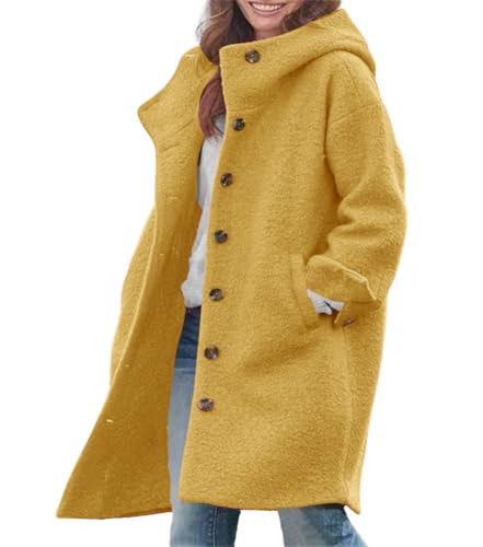 chouyatou Women's Winter Single Breasted Long Wool Coat with Hood Casual Wool Blend Trench Coat Jacket - color: Yellow, size: XX-Large