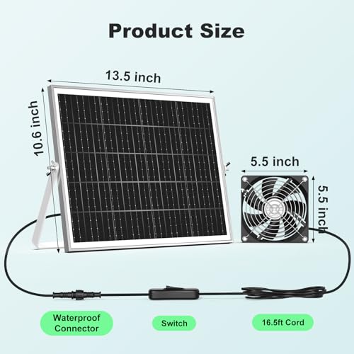 5.5'' Solar Greenhouse Fan 2 Kit, 30W Solar Powered Exhaust and Intake Chicken Coop Fan, Strong Airflow & Waterproof, 16.5 ft Cord, for Outdoor Shed Air Circulation and Ventilation, No Battery - size: 5.5" Fan 2 Kit