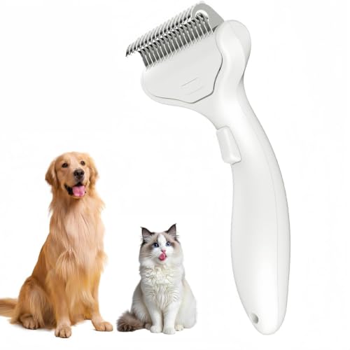 Undercoat Rake for Dogs & Cats, 3-in-1 Skin-Friendly Pet Fur Brush with One-Click Self-Clean Button, Deshedding Dog Brush for Long haired Pets, Cat Comb Removes Matted Fur & Loose Hair - color: White