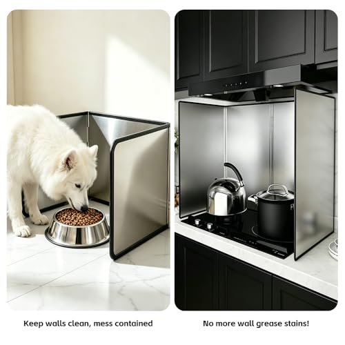 Foldable Stainless Steel Cat & Dog Splash Guard – Black Foam Strap & Edges, Food & Litter Spill Protector for Messy Eater Pets, Walls & Floors & Kitchen (15.7 * 11.8 in-2 Sises) - size: 15.7*11.8 in-2 Sises