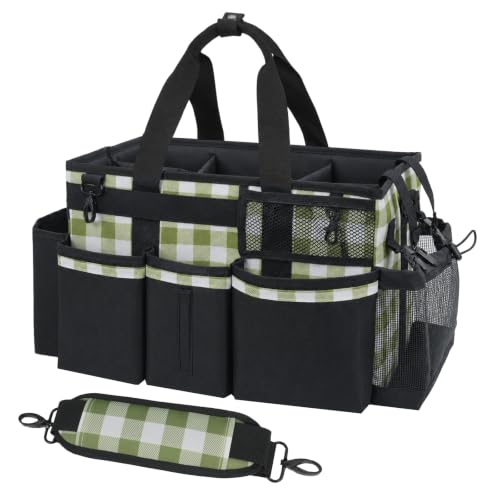 SCAVATA Wearable Cleaning Caddy, Cleaning Caddy Supplies Organizer with Handle & Shoulder Straps for Housekeepers, Under Sink & Car Cleaning Tool Organizers Bag with 4 Foldable Divider (GreenPlaid) - color: GreenPlaid