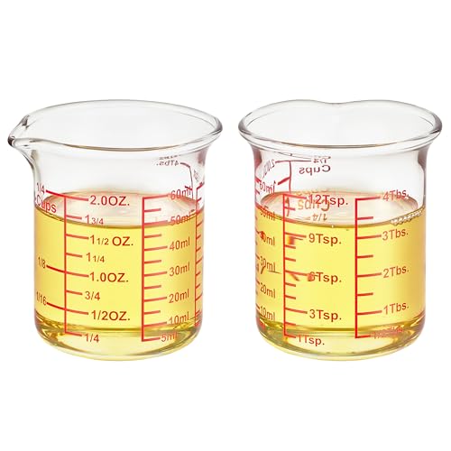 Ackers BORO3.3 2 oz Glass Measuring Cups with V-Shaped Spout, 2 Pack | 5-60 ml range with printed fl oz, tsp, tbsp and cup scales on 3.3 borosilicate glass for kitchen and bar prep - size: 60 ML (2 Oz)-Pack of 2