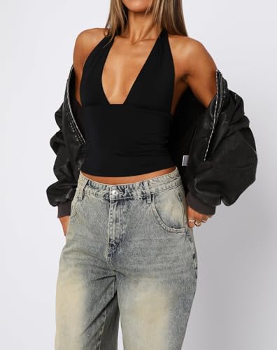 ForeFair Women Sexy Halter Deep V Neck Backless Crop Tank Top Open Back Sleeveless Slim Fit Y2k Summer Tops - color: Black, size: Large