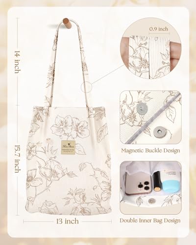 Miss Adola Corduroy Tote Bag for Women with Aesthetic Design | Magnetic Buckle & Pocket, Reusable, Soft, Roomy, Long Shoulder Handles, Double-sided Print, Casual Daily Work, Grocery Bags - color: Simple Flower, size: Large