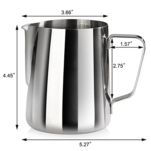 New Star Foodservice Stainless Steel Frothing Pitcher, 20 oz Espresso Milk Steaming Cup with Measurement Scale, Commercial Grade 18/8 Barista Pitcher for Lattes, Cappuccinos, Coffee, Silver - size: 20.3 Ounces