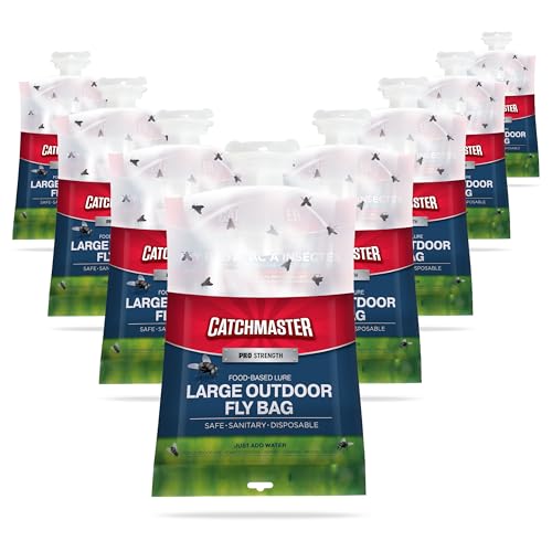 Catchmaster Disposable Outdoor Fly Trap, 2 Hanging Bags with Bait | Catches house, bottle & blowflies, Holds up to 30,000 flies, Food-based lure, no spray needed, For backyards, patios & decks