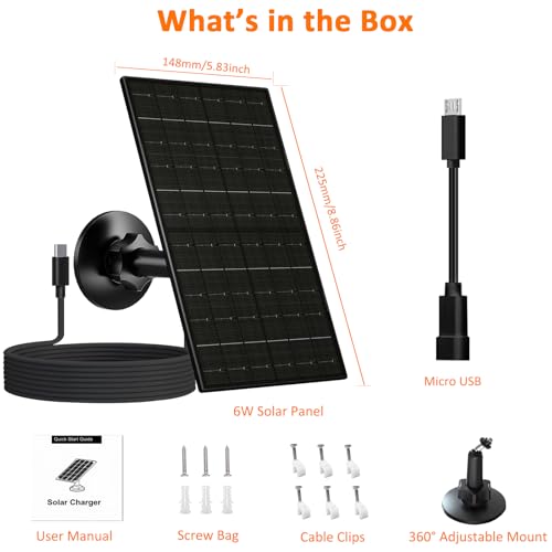 FUTUREZEN 6W Solar Panel Charger for Arlo Essential 2K/XL/Spotlight Cam | USB-C and Micro USB ports, IP66 waterproof, 360° adjustable mount, 7.2ft cable