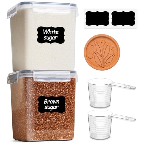 ComSaf Airtight Brown Sugar Containers with Terra Cotta Saver 2.6Qt 2Pack | Plastic Food Storage Canister with Lid, Sugar Flour Cereal Oats, Pantry Kitchen, Stackable Brown Sugar Keeper, Label & Scoops - size: 2.6Qt-Square