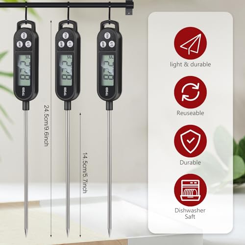 6 Pcs Instant Read Meat Thermometer Long Probe,Black | Probe Waterproof Digital Thermometer, For Cooking BBQ Water Milk Liquids, Quick Accurate Food Temperature - color: Black