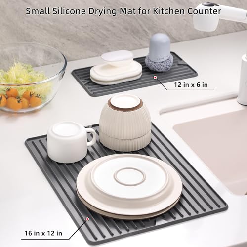 Silicone Dish Drying Mat, 18 x 8.5 Inches Grey | Elegant Design for Kitchen Counter, Multipurpose Durable Food Grade Silicone, Non-slip, Quick Water Releasing - size: 8.5" x 18"