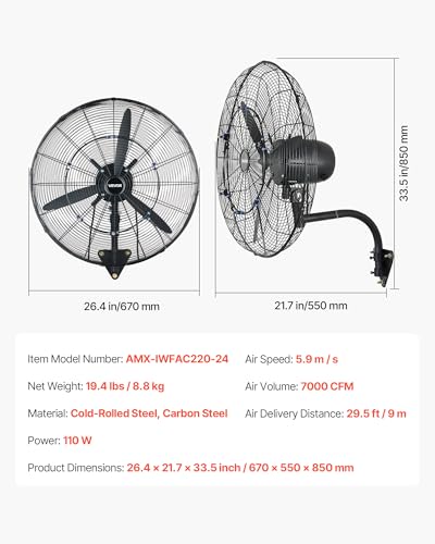 VEVOR Wall Mount Fan, 24 in Wall Mounted Hanging Fan with Oscillating & Mist, IP44-rated, 3-Speed, Powerful Air Reach, Mechanical Control, Long Airflow for Industry, Commercial, Garage, Workshop
