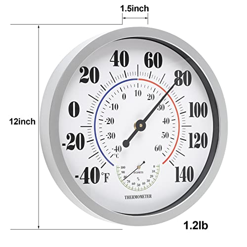 Indoor Outdoor Thermometer Wall Large Numbers Thermometer No Battery 12" Hanging Digital Weather Hygrometers for Home Garden Outside Patio Decor (Silver) - color: Silver, size: 12"