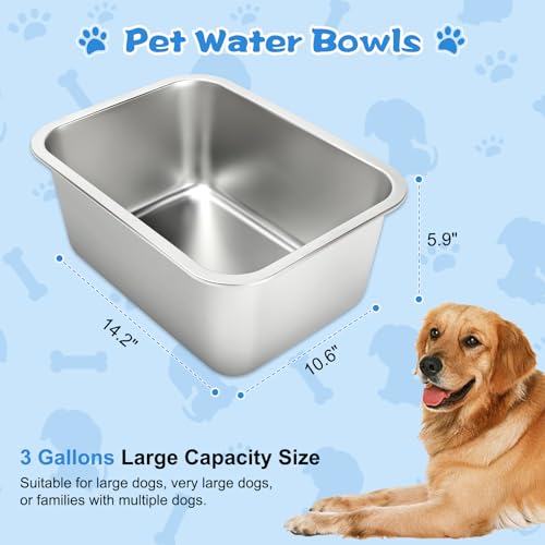 YUEPET 3 Gal Large Stainless Steel Dogs Water Bowl, Outdoor Dog Water Bowl | 3 Gallon Capacity, Food and Water Use, Rounded Corners, Easy-Clean Surface, Raised Edges, XL Dogs & Multi-Dog - size: 3 Gallons