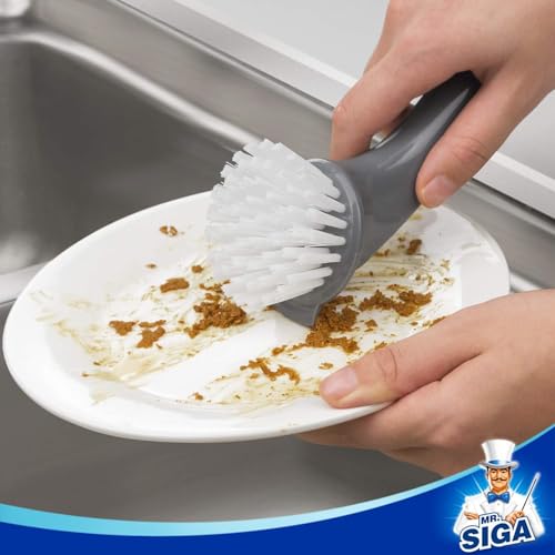 MR.SIGA Pot and Pan Cleaning Brush, Dish Brush for Kitchen, Gray, Pack of 2 | Dish brush with non slip handle and built in scraper - color: Black & Grey