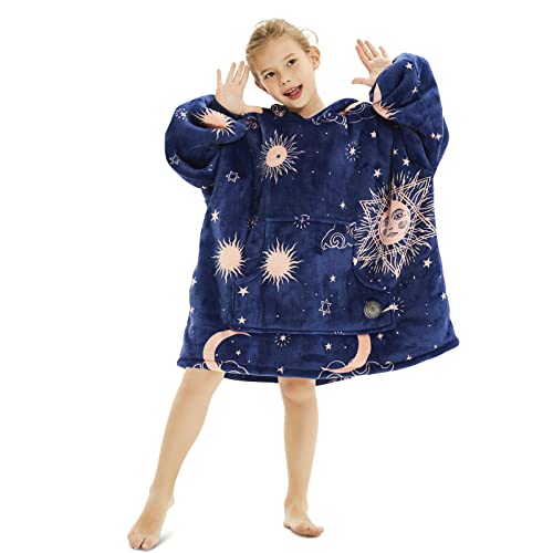 THREE POODLE Wearable Blanket Hoodie for Kids, Oversized Sherpa Sweatshirt Blanket with Giant Hood, Warm Cozy Hooded Blanket, Cute Gifts for Kids Girls Boys - color: Deep Blue Star, size: Kids