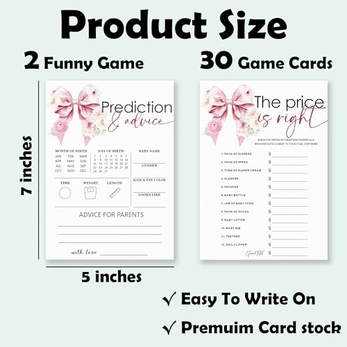 The Price is Right & Predictions Advice Theme Baby Shower Game Activities-30 Pink Bow & Flowers Double-Sided Game Cards(5’’x7 ’’) for Boys & Girls-Gender Neutral Decorations & Supplies-A05 - color: The Price is Right & Predictions Advice