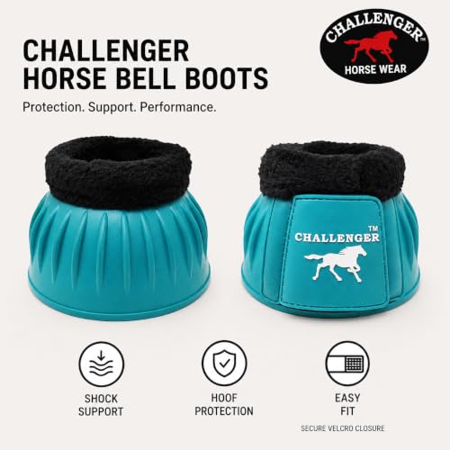 CHALLENGER Horse Training Ribbed Rubber Hoof Impact Overreach Protection Fleece Lined Bell Boots 41HI01 - color: Turquoise, size: Large