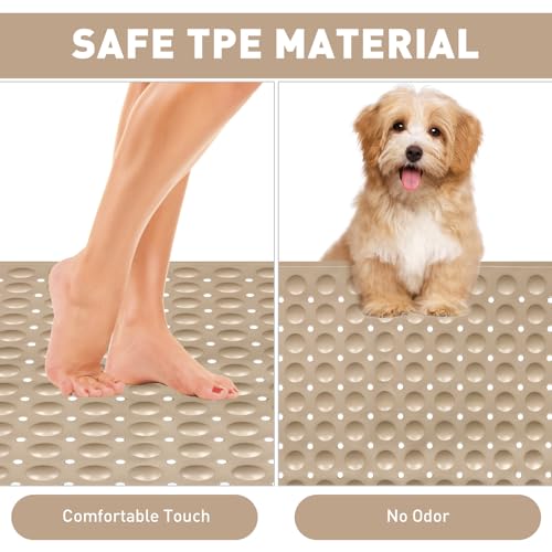 Shower Mat Non Slip: 35.4 x 23.6 Inch Extra Large TPE Shower Mats for Inside Shower - Anti Slip Shower Stall Matt with Drain Hole and Suction Cups for Elderly - color: Khaki, size: 35.4" x 23.6" (Rectangular)