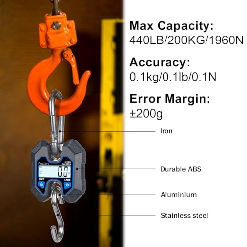 Fuzion Hanging Scale 440lb/200kg, Mini Crane Scale w/Stainless Steel Hook | No Setup Required, Hold/Tare Function, Large Display, Digital Hanging Scales for Weighing Animals, Hays, Fish, Travel Luggage - color: Grey+Blue, size: 440LB
