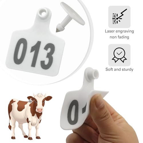 Cattle Ear Tags 001-100, 100Pcs Plastic Livestock Ear Tag for Cows Goats Sheep Pigs with Pliers Applicator & 2 Pins, Animal ID Tags for Ranch Farm Herd Tracking, Laser Print (001-100, White) - color: White