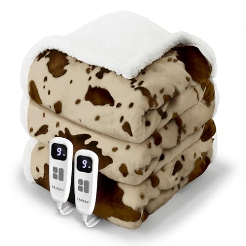 Heated Blanket King Blanket - Fast Heating Electric Blanket, Soft Heated Throw with 4 Time Settings,10 Heating Settings, Warm Gifts for Women Mom Grandma(90" x 100" Cow Print Apricot) - color: 05 - Apricot Ombre-khaki, size: King 90" x 100"