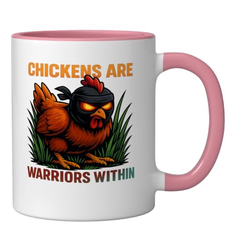 Chickens Are Warriors Within Funny Poultry Ninja Ceramic Mug, Pink/White, 11oz - color: Pink/White, size: 11 Ounces