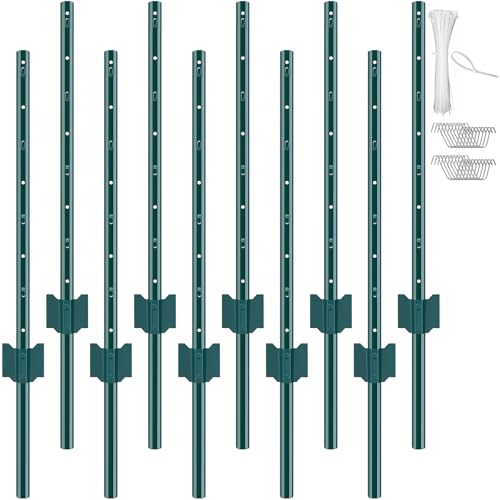 VEVOR 3 Feet Fence Post, 10 Pack U-Channel Heavy Duty Metal Fence Posts with 20 Zip Ties & 20 Clips, Sturdy Steel Fence Stakes for Garden Yard, Lawn, Farms and Outdoor Wire Fencing, Green - size: 3 Feet 10 Pack