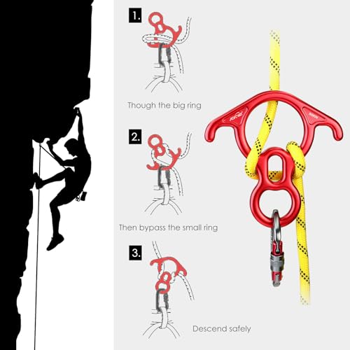 50KN Rescue Figure, 8 Descender Large Bent-Ear Belaying and Rappelling Gear Belay Device Climbing for Rock Climbing Peak Rescue 7075 Aluminum Alloy - color: Red