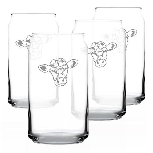 Cow Face Can Pint Glass for Cattle Lovers Farm Gifts - 16 oz - Set of 4 | Bevvee Cattle gift ideas for cow lovers, farmers and ranchers. Beer can glass for IPA, pilsner and craft beer. Made in USA - style: Set of 4