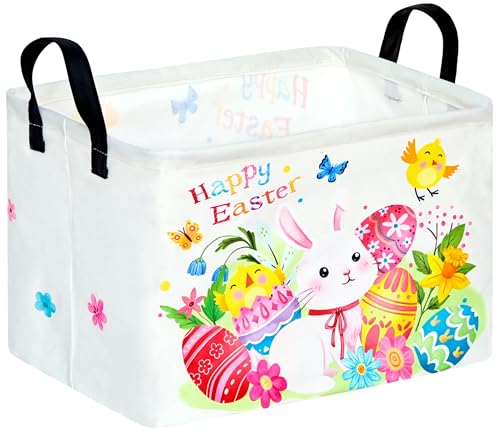 Easter Storage Basket Easter Bunny Storage Bin Collapsible Nursery Hamper Clothes Box Book Shelf Basket Easter Bunny Eggs Decor Easter Gifts - color: White Rabbit